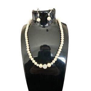 Vintage Coralee Faux Pearl and Pave Rhinestone Necklace 18” Matching Earrings